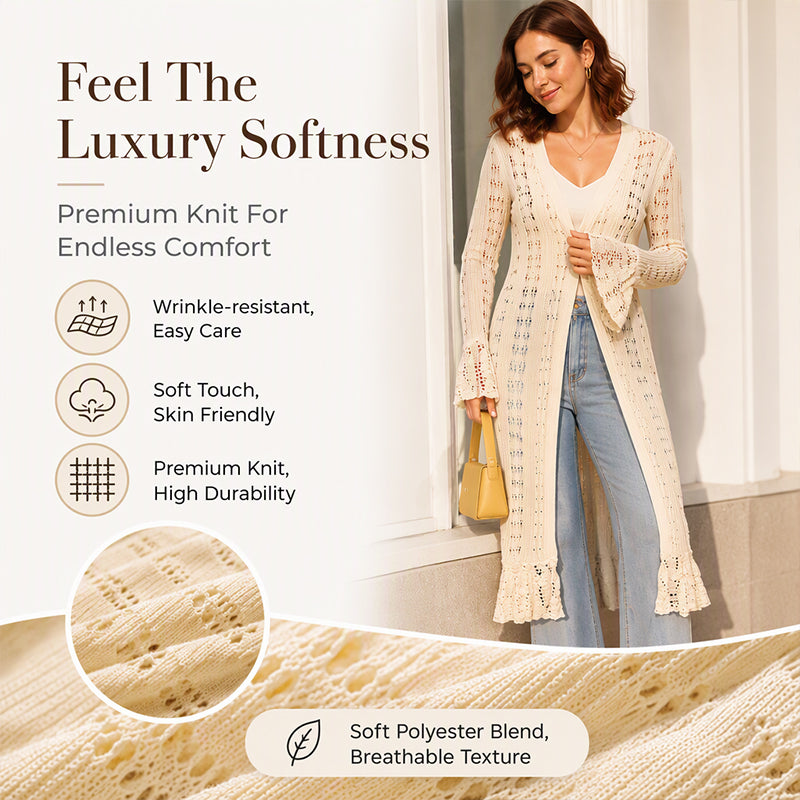 Women's Flare Sleeve Crochet Knit Maxi Cardigan