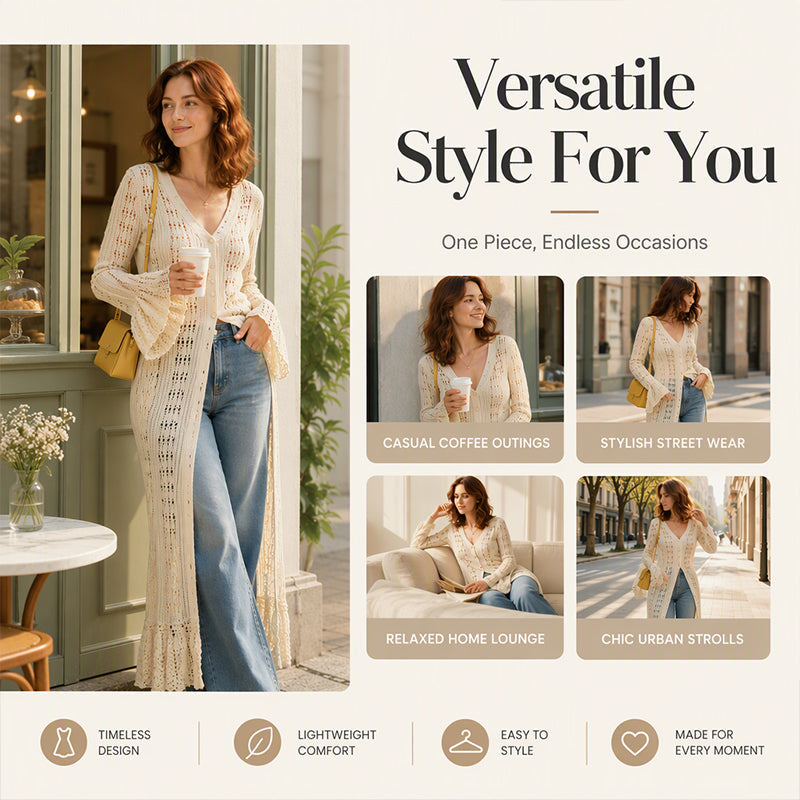 Women's Flare Sleeve Crochet Knit Maxi Cardigan