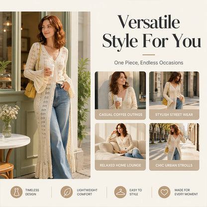 Women's Flare Sleeve Crochet Knit Maxi Cardigan