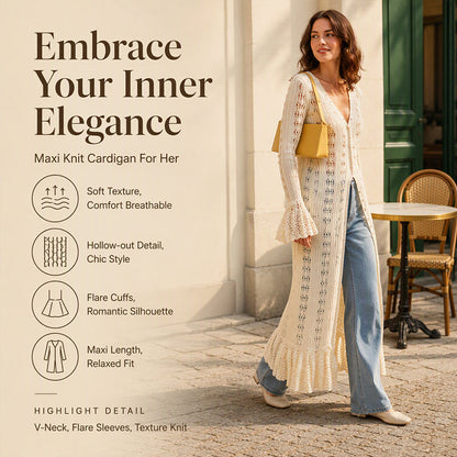 Women's Flare Sleeve Crochet Knit Maxi Cardigan