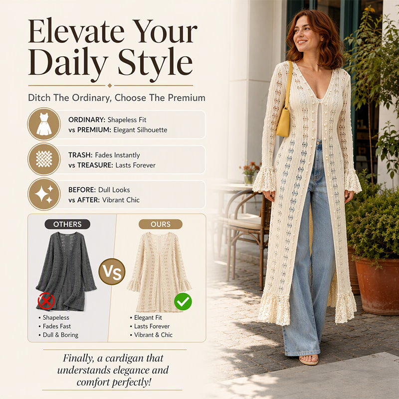 Women's Flare Sleeve Crochet Knit Maxi Cardigan