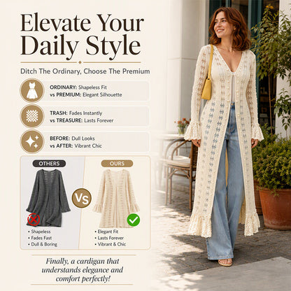 Women's Flare Sleeve Crochet Knit Maxi Cardigan