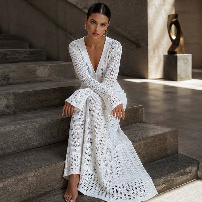 Women's Flare Sleeve Crochet Knit Maxi Cardigan