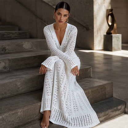 Women's Flare Sleeve Crochet Knit Maxi Cardigan