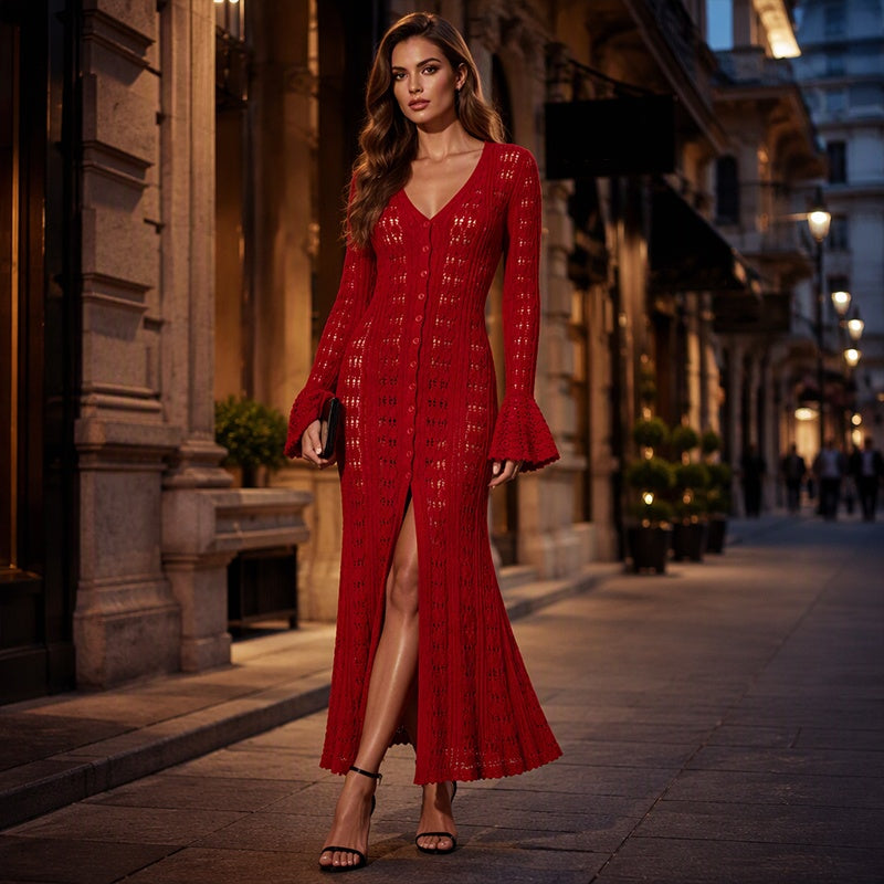 Women's Flare Sleeve Crochet Knit Maxi Cardigan