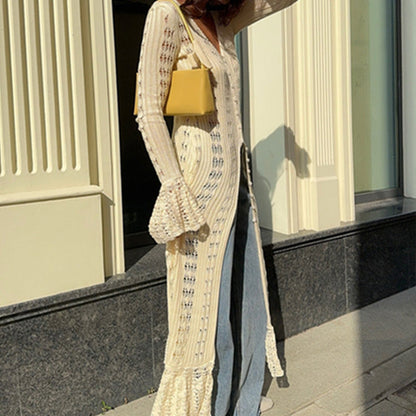 Women's Flare Sleeve Crochet Knit Maxi Cardigan