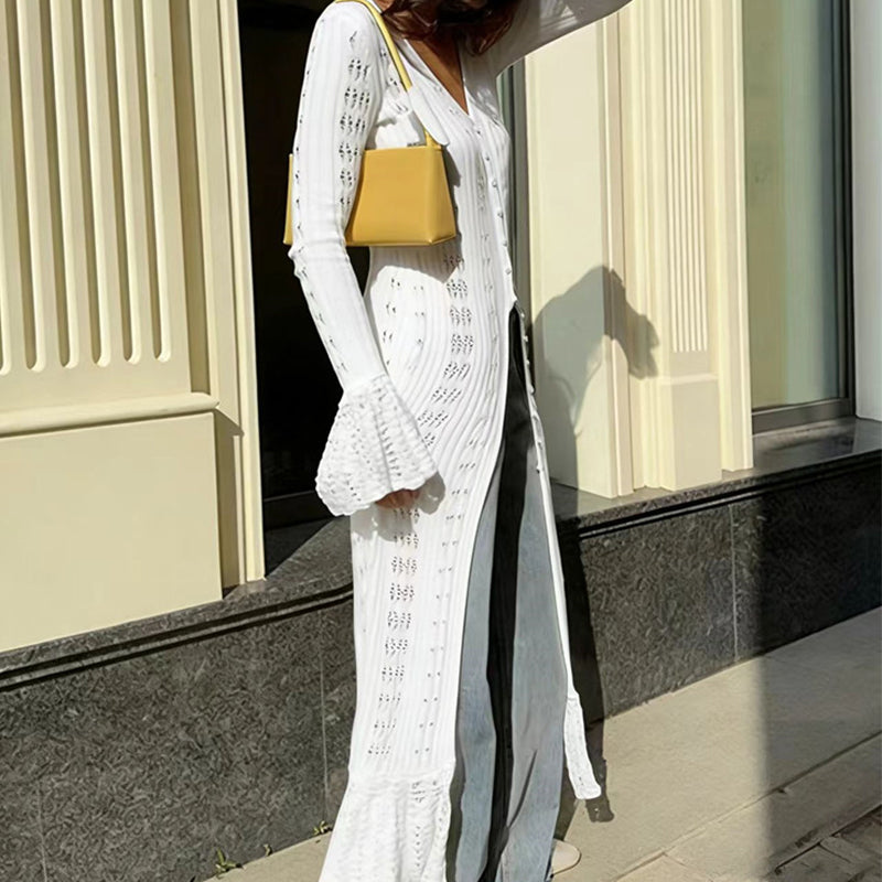 Women's Flare Sleeve Crochet Knit Maxi Cardigan