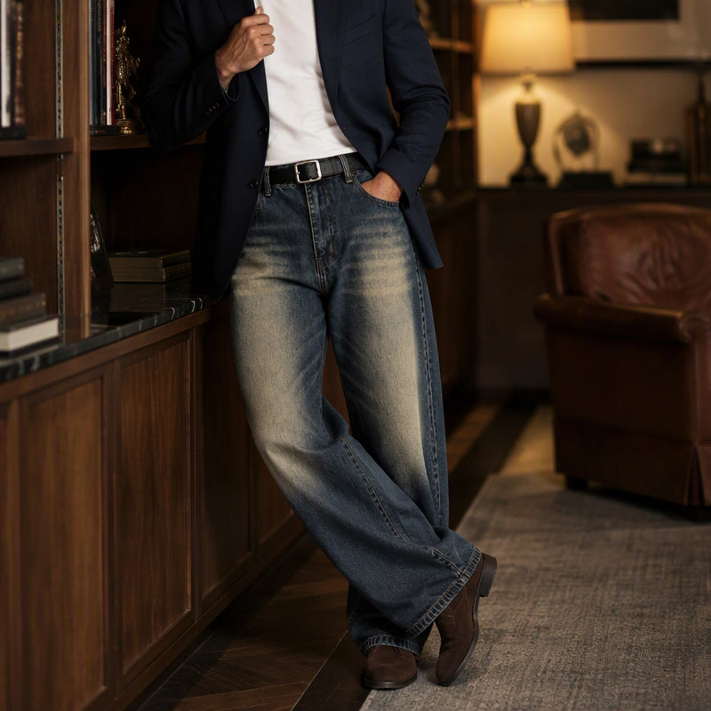 Men's Retro Distressed Wide-Leg Jeans