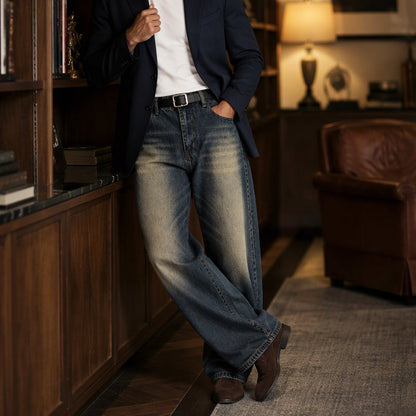 Men's Retro Distressed Wide-Leg Jeans