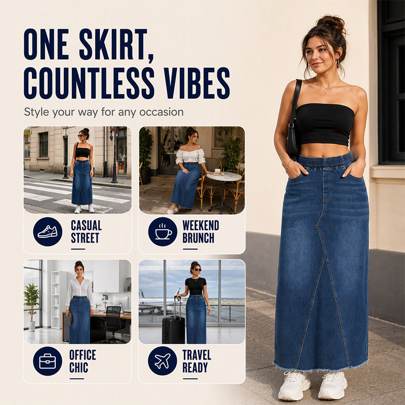 Women's Elastic Waist Patchwork Denim Maxi Skirt
