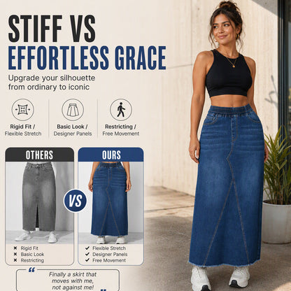 Women's Elastic Waist Patchwork Denim Maxi Skirt