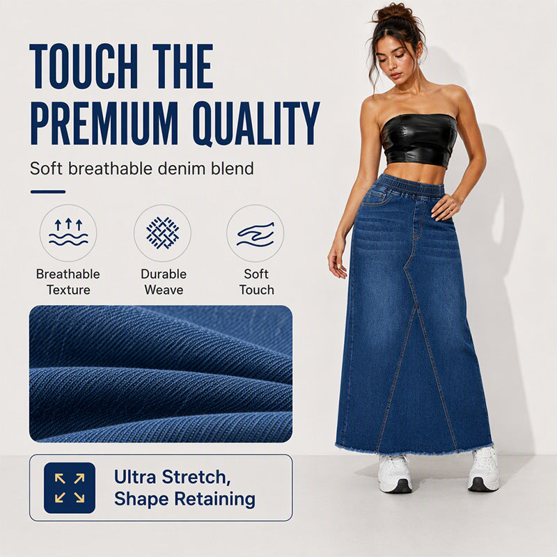 Women's Elastic Waist Patchwork Denim Maxi Skirt