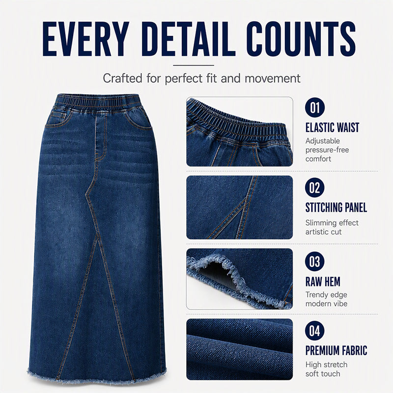 Women's Elastic Waist Patchwork Denim Maxi Skirt