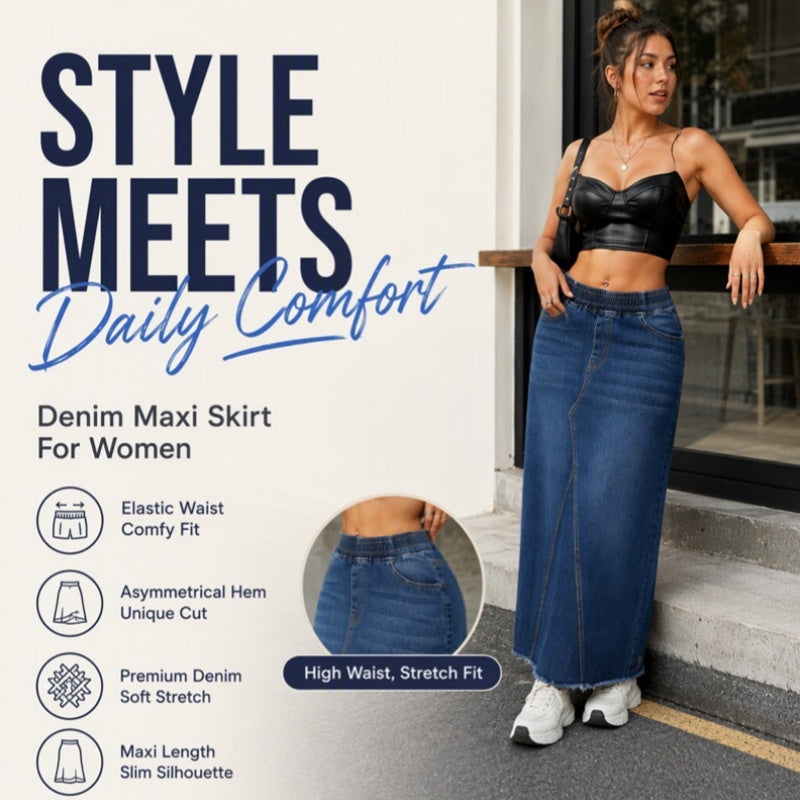 Women's Elastic Waist Patchwork Denim Maxi Skirt