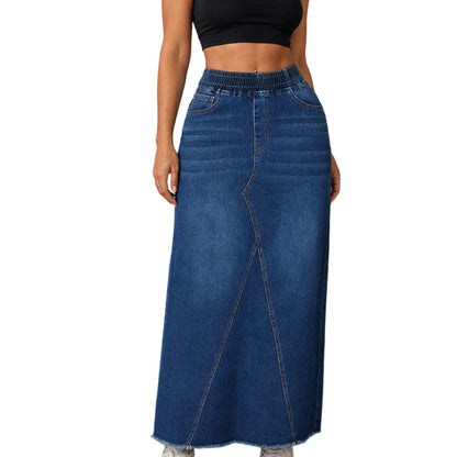 Women's Elastic Waist Patchwork Denim Maxi Skirt