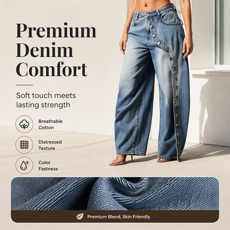 Women's Vintage Side Button Wide-Leg Jeans