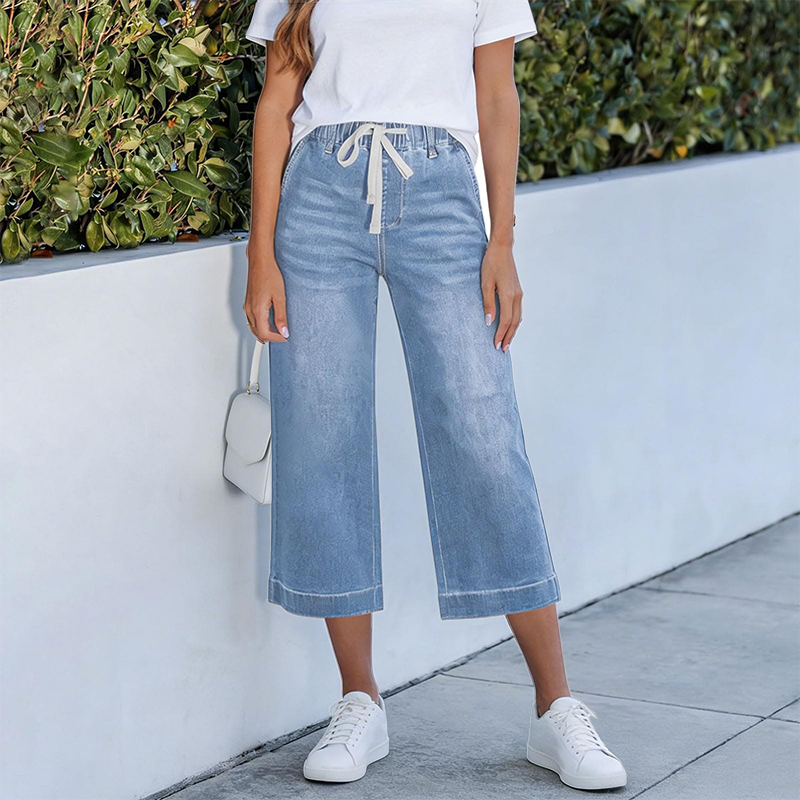 Women's Elastic Waist Drawstring Cropped Jeans