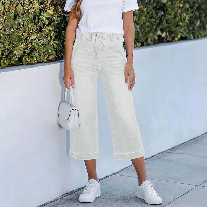Women's Elastic Waist Drawstring Cropped Jeans