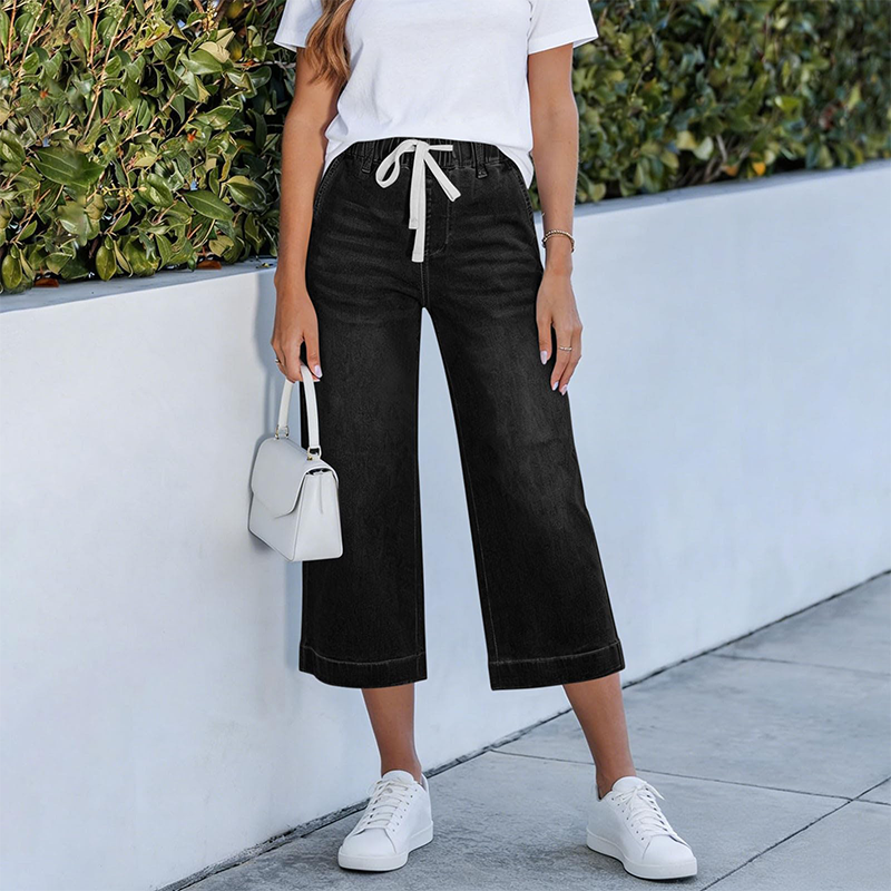 Women's Elastic Waist Drawstring Cropped Jeans