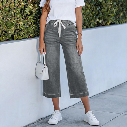 Women's Elastic Waist Drawstring Cropped Jeans