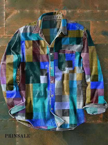 🔥Unisex Simple Rainbow Color Plaid Vintage Printed Lapel Long Sleeve Pocket Shirt - BUY 2 FREE SHIPPING