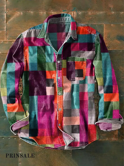 🔥Unisex Simple Rainbow Color Plaid Vintage Printed Lapel Long Sleeve Pocket Shirt - BUY 2 FREE SHIPPING