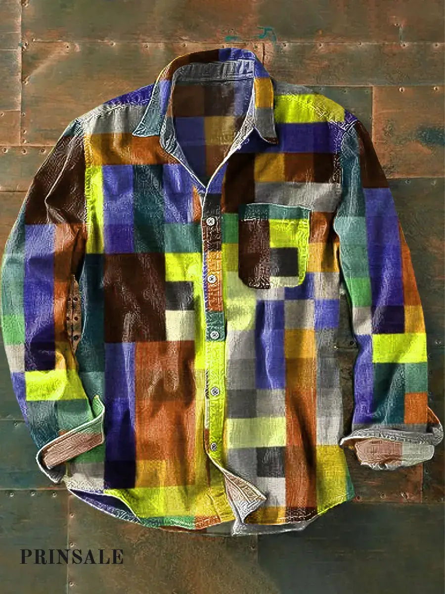 🔥Unisex Simple Rainbow Color Plaid Vintage Printed Lapel Long Sleeve Pocket Shirt - BUY 2 FREE SHIPPING